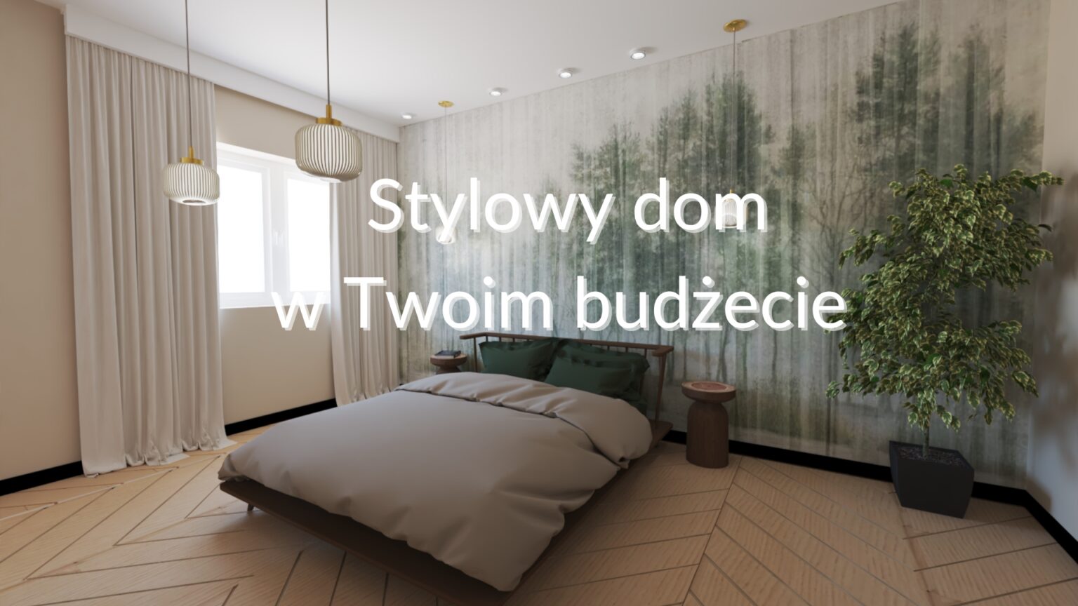 sypialnia-w-stylu-japandi-sciana-tapeta-las